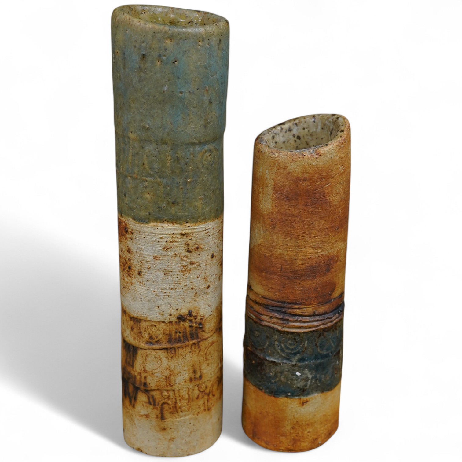 Alan Wallwork (1931-2019), two cylindrical vases, tallest 24cm